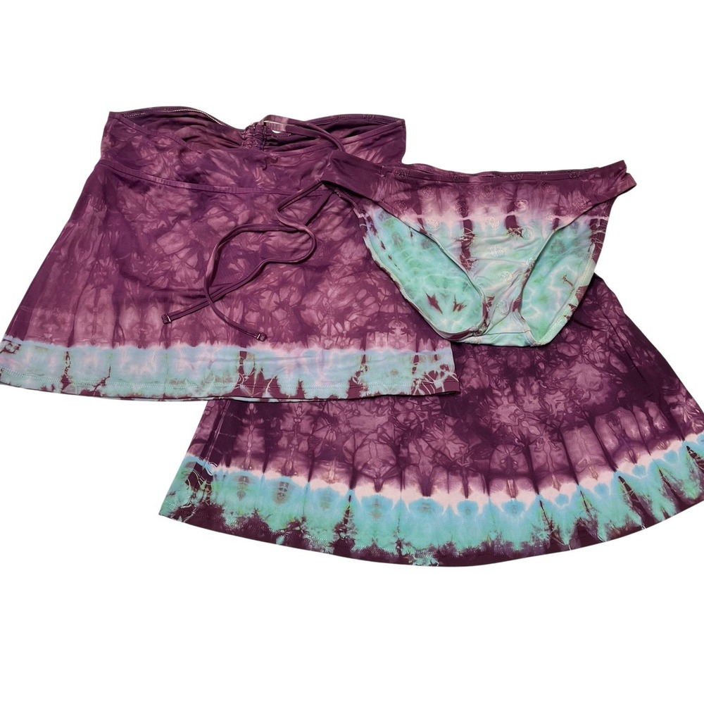 Vintage Lucky Brand Y2K Swimsuit Set Purple Tie Dye Tankini Skirt Cover Up M/L